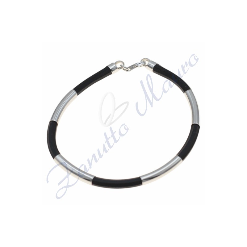 Bracciale in argento e gomma colore nero cm 20