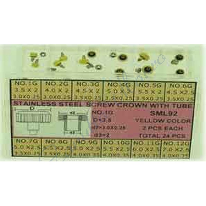 Assortimento 24 corone a vite in acciaio dorate diam da 3.5 a 7 tubo 2 e