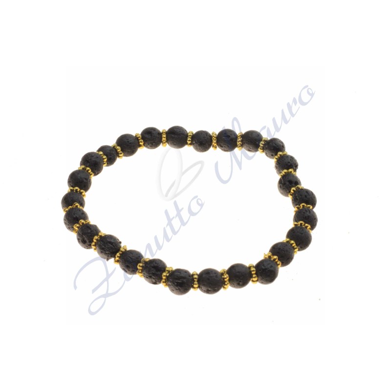 Bracciale elastico in in lava ed intercalari dorati cm 18