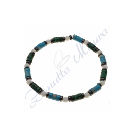 Bracciale elastico turchese,malachite ed agata bianca cm 18
