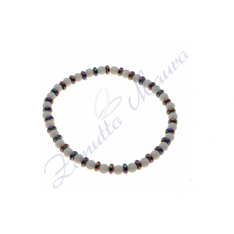 Bracciale elastico in agata bianca ed ematite rainbow cm 17