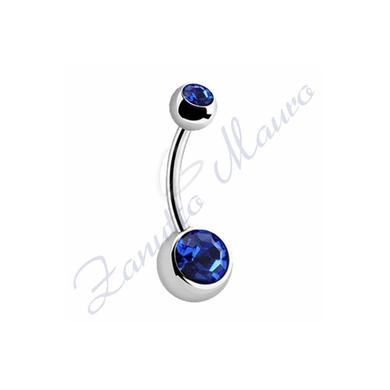 Piercing ombelico con 2 cristalli blu 5/8 mm 10 in acciaio 316L