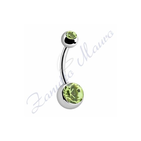 Piercing ombelico con 2 cristalli verde chiaro 5/8 mm  8 in acciaio 316L