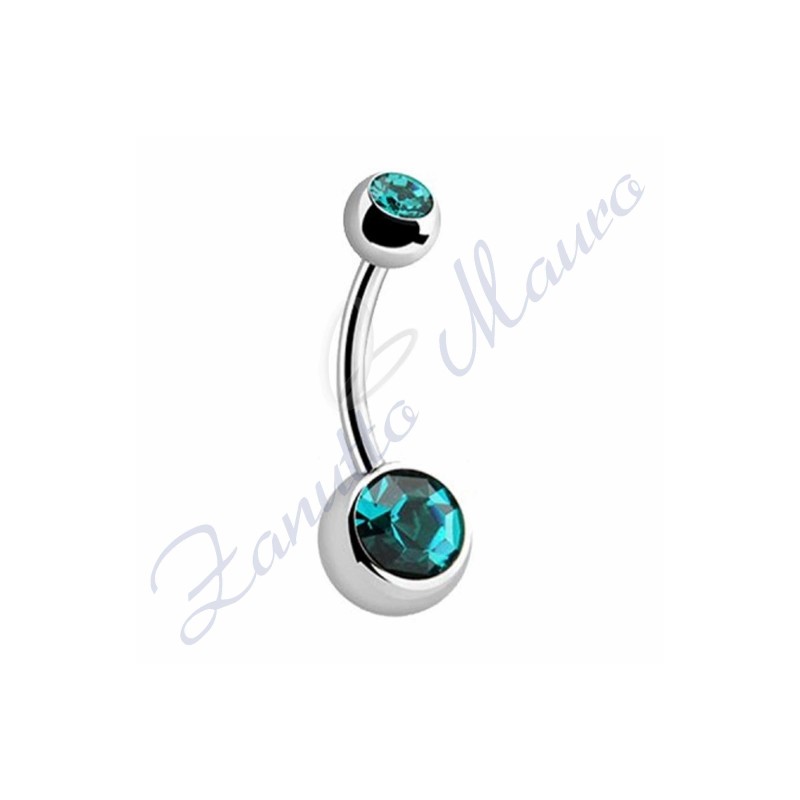 Piercing ombelico con 2 cristalli blu zircon 5/8 mm 10 in acciaio 316L