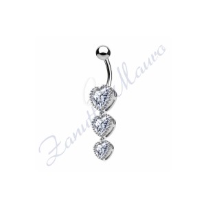 Piercing ombelico 3 cuori bianchi 1.6 mm 10 in acciaio 316L