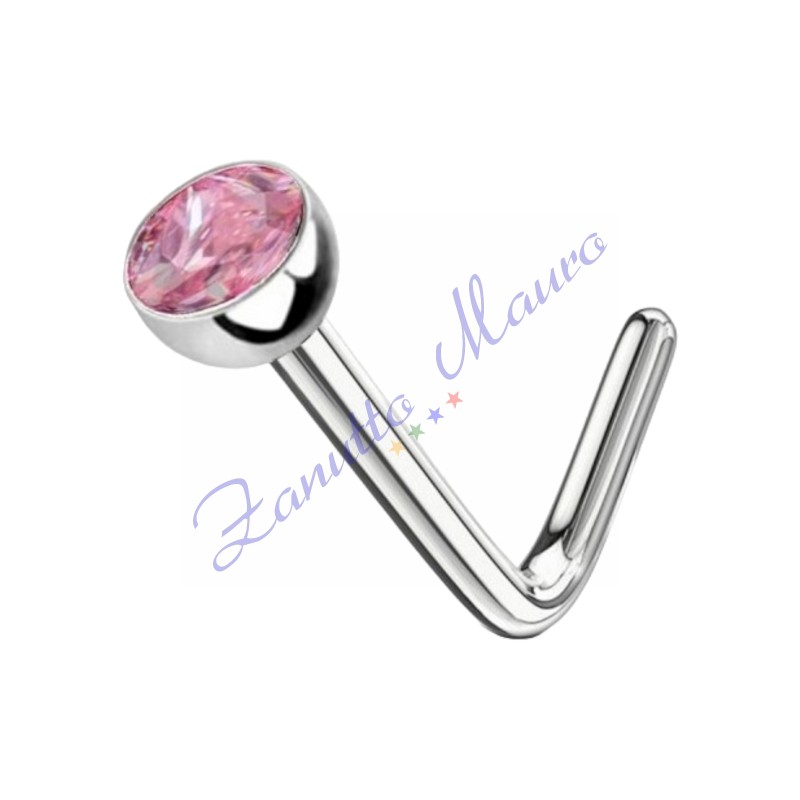 Piercing piegato per naso in acciaio 316L con pietra rosa