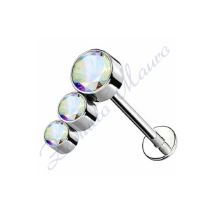 Piercing labret con 3 cristalli aurora boreale mm 5x8,8 in titanio